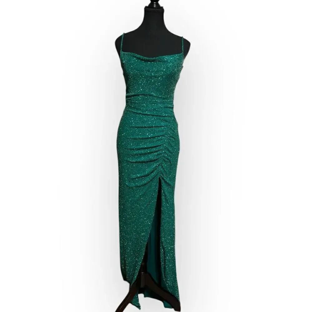 NWOT City Triangles Womens Green Sparkly Slit Maxi Dress Size XS Juniors
